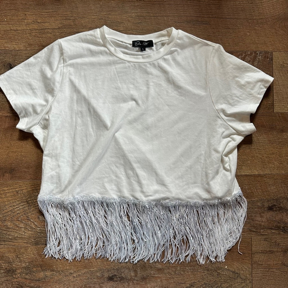 Women's On 12th T-Shirt Size L White with Silver Fringe Holiday Clearance - Picture 2 of 5